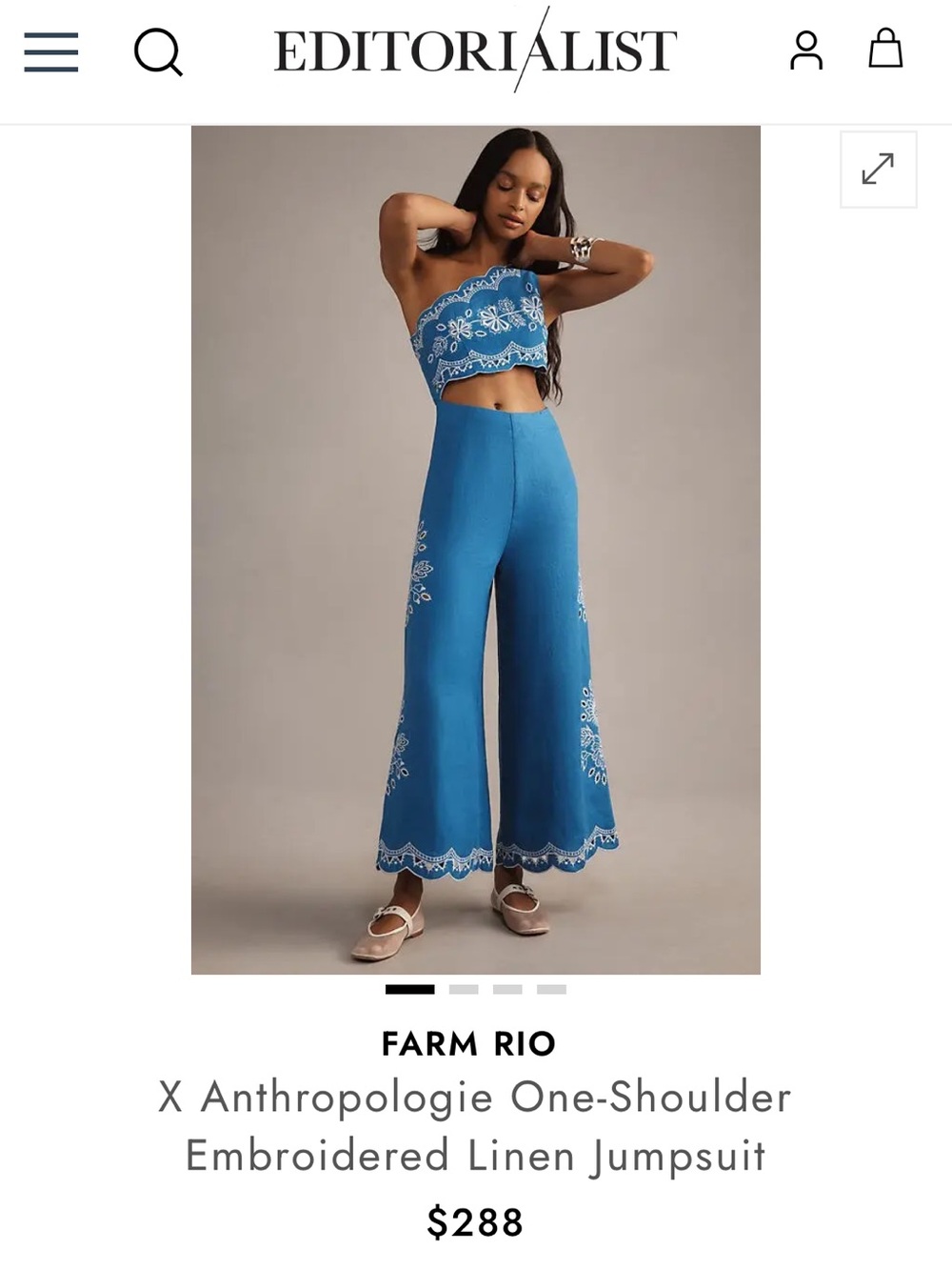 Anthropologie Blue One-Shoulder Embroidered Linen Jumpsuit